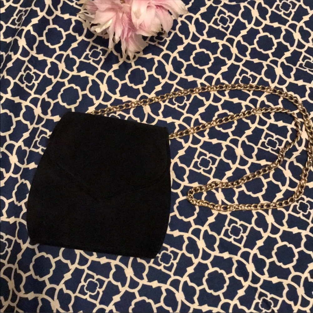 Vintage black velvet hang bag gold chain purse